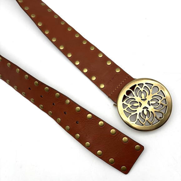 Vintage Y2K Calvin Klein 610664 Brown Studded Leather Brass Medallion Belt L 40\